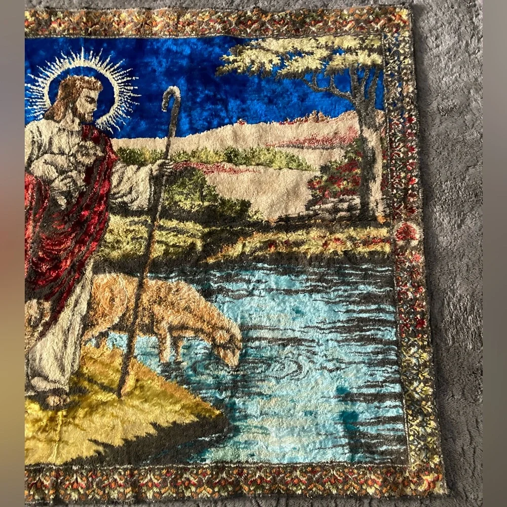 Jesus Christ leading Sheep to Water Tapestry Throw Rug Wall Hanging